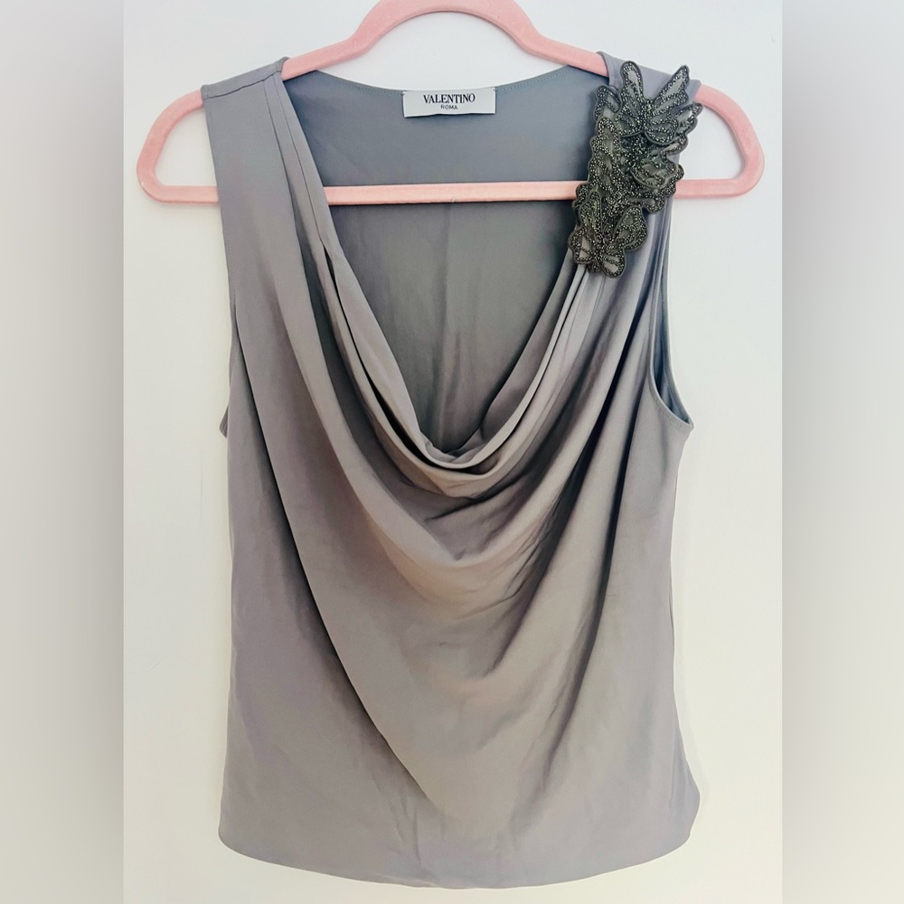 Vintage Valentino Roma beaded top  shoulder appliqué Italy silk M statement Y2K